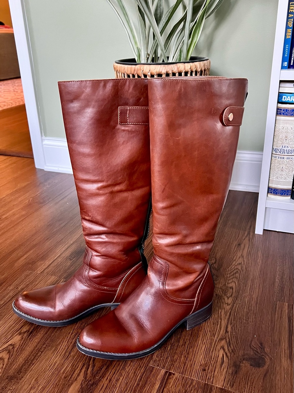 Steve Madden Journal Cognac Leather Riding Boots Red & Green Back Zip